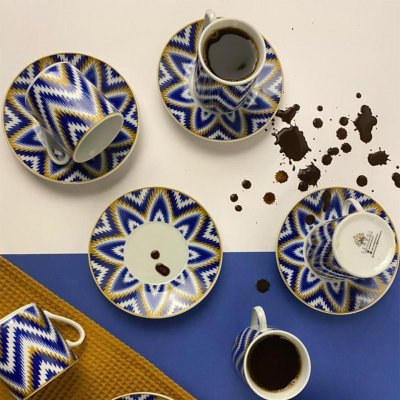 Sembol Çiçek Desenli Kahve Fincanı Mavi/Sarı