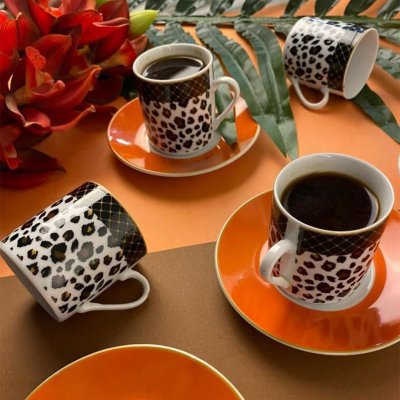 Sembol Kahve Fincanı Turuncu Tabak Leopar Desen Siyah/Sarı