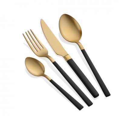 The Mia Çatal Kaşık Bıçak Seti 6 Kişilik 24 Parça Çelik Gold Siyah